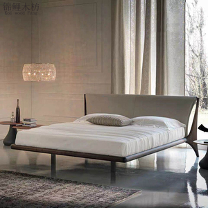 北欧全黑胡桃橡木床现代简约主卧家具真皮软靠背轻奢实木婚床定制