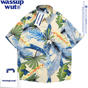 wassup wut夏威夷花衬衫男短袖夏季冰丝短裤潮牌套装沙滩情侣衬衣