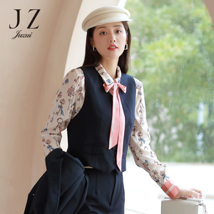 JUZUI玖姿春季新款深蓝色羊毛通勤正式职业女短款马夹外套