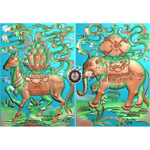 藏式唐卡马火焰宝大象精雕图藏式马火宝挂匾靠背板挡板浮雕灰度图