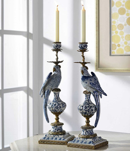 欧式纯铜烛台摆件 青花陶瓷鹦鹉烛台 玄关古典家居客厅工艺品摆件