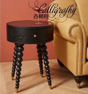北欧后现代实木雕刻床头柜美式乡村橡木仿古沙发边桌法式个性角桌