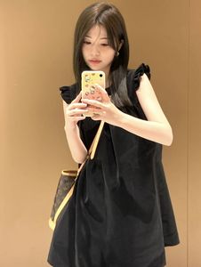 韩风衣舍 小飞袖黑色连衣裙女夏季高级感减龄pu感无袖气质背心裙