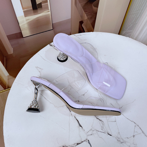 紫色方头透明一字带高跟凉拖鞋2024新款性感水钻酒杯跟外穿一字拖