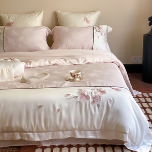 新中式夏季凉感100S天丝棉四件套浪漫花卉提花刺绣被套床上用品