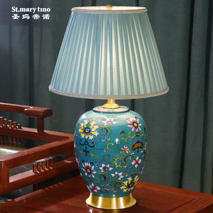 全铜新中式珐琅彩台灯客厅卧室床头灯古典温馨奢华大美式陶瓷台灯
