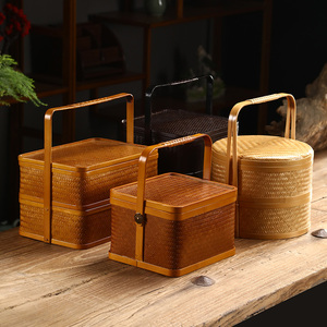 竹编提篮复古食盒双层三层糕点月饼礼盒篮茶具收纳盒结婚礼品喜盒