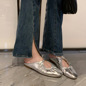真皮法式复古银色包头半拖鞋女夏外穿凉拖2024金色平底凉鞋穆勒鞋