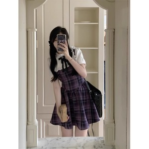 紫色格子连衣裙女夏季新款学院风甜美小个子收腰显瘦假两件A字裙