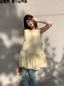 Ukmfx2024女装夏季新款韩式潮流淡黄色连衣裙蓝色牛仔裤搭配套装