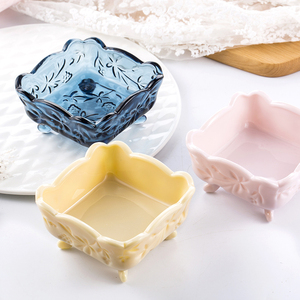 复古蓝刻花葡萄玻璃四方碗 首饰收纳干果碗冰淇淋碗 肥皂盒摆件