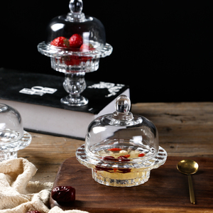 欧式玻璃甜品碗圆形带盖燕窝碗高脚糖果盅透明水果沙拉碗家用零食