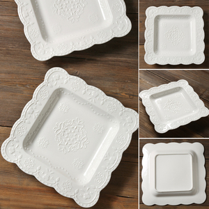 浮雕四方盘浮雕蝴蝶餐盘菜盘带深度的正方形盘子意面沙拉陶瓷汤盘