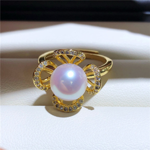 DIY珍珠配件 18K包金铜厚镀金微镶锆石幸运草戒指指环可调节空托