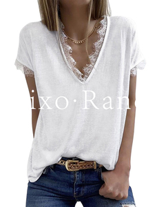 法国Rixo Rane ⭐蕾丝V领短袖T恤女欧美休闲女士半袖白色套头上衣