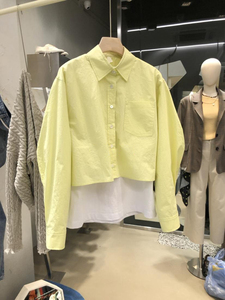 韩国东大门春季时尚宽松休闲短款百搭POLO领衬衣黄色长袖衬衫女士