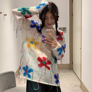 韩国东大门春装新款彩色花朵毛衣女马海毛设计感甜酷流苏针织上衣