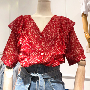韩国东大门夏装新款红色波点荷叶边V领短袖衬衫休闲学生衬衣女士