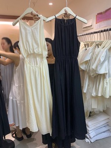 韩国东大门夏装新款纯欲性感圆领纯色设计感露背吊带连衣裙女裙子
