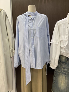 十三行春装女新款韩系设计感小众宽松上衣蓝色高级感系带长袖衬衫
