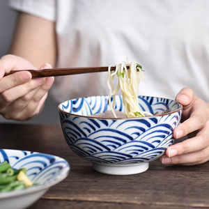 日本进口波佐见烧家用面碗青花瓷饭碗复古陶瓷餐具套装青海波汤碗
