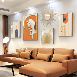 沙发背景墙装饰画客厅高级感大气轻奢现代挂画橙色组合抽象艺术壁