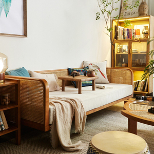 日式复古藤编沙发三人茶几组合小户型客厅简约实木双人休闲椅子