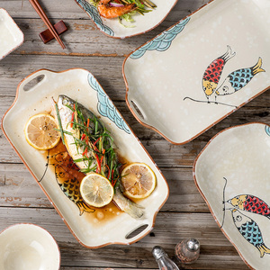 日式餐具陶瓷盘子菜盘双耳长方形鱼盘装蒸鱼盘家用创意个性大号碟