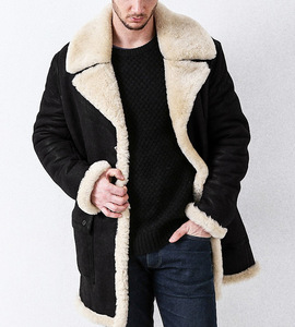 重工款流行美式男大衣秋冬加厚皮毛一体男式外套仿皮绒长大衣夹克