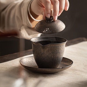 中式鎏金复古手抓壶铁锈釉茶壶旅行粗陶瓷快客杯盖碗茶杯功夫茶具