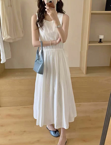 韩国设计师品牌白色背心裙长款连衣裙方领无袖百搭通勤小个子长裙