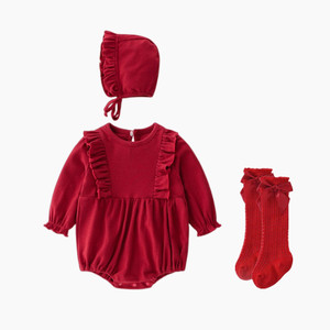 婴儿衣服春秋装女宝宝公主满月包屁衣女婴百天周岁礼服红色拜年服