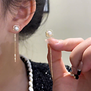 方形锆石珍珠耳线气质温柔小众设计高级感韩式耳环方圆脸耳饰女潮