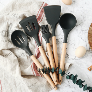 木头硅胶铲勺套装家用锅铲汤勺厨具耐热加厚硅胶饭勺漏勺烹饪工具