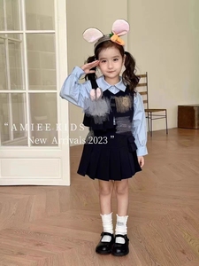 2024年春艾米品牌朱迪警官女童马甲+衬衣+百褶裙3件儿童洋气套装