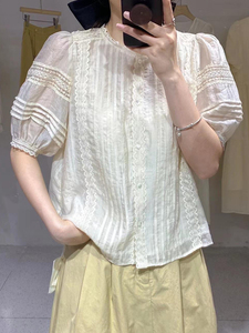 高级感蕾丝花边短袖衬衫女夏韩版宽松法式上衣时尚气质小衫白衬衣