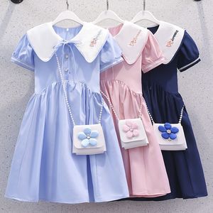 女童夏季连衣裙2024新款儿童装洋气蓝裙子娃娃领甜美小女孩公主裙