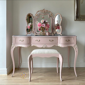 法式复古做旧粉色梳妆台北欧欧式实木雕花梳妆桌妆凳玻璃组合整装