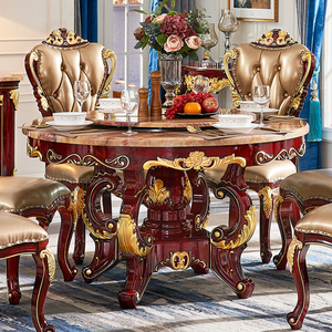 欧式大理石圆桌实木餐桌椅组合红檀色大小户型配套饭桌家用火锅桌