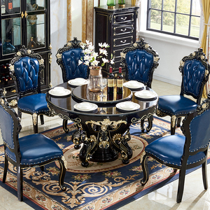 欧式大理石餐桌椅组合实木雕花圆桌家用6人8人圆形饭桌带转盘家具