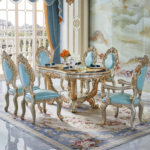 欧式全实木餐桌长方形别墅餐桌椅组合香槟色贴金箔椭圆形家用饭桌