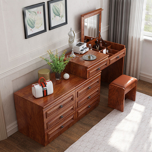 梳妆台收纳柜一体实木色美式翻盖化妆台卧室现代简约新中式化妆桌