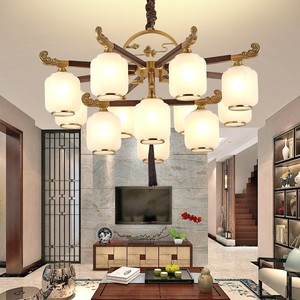 明镜致远 新中式全铜客厅吊灯 中国风餐厅灯灯具实木复古楼梯大气