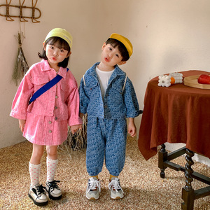 韩国童装牛仔套装2024春秋男女宝宝印花亲子兄妹装洋气潮款两件套