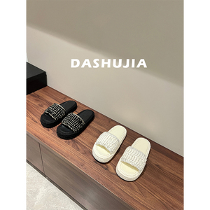 DASHUJIA/全真皮 升级版！小香风针织厚底毛线拖鞋女时尚沙滩鞋