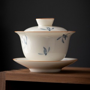 中式釉下纯青花手绘秋水兰花猪油白陶瓷三才盖碗不烫手泡茶碗茶器