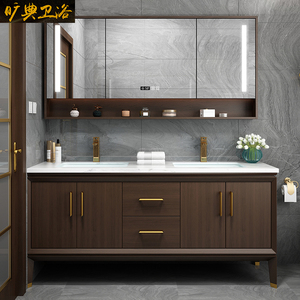 新中式橡木浴室柜组合洗脸洗手面盆池实木岩板双盆洗漱台盆卫生间