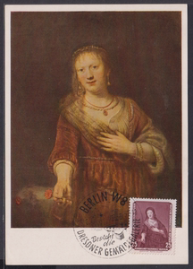 18588 东德1957 邮票 馆藏名画 伦勃朗绘  持红花的萨斯基亚 极限