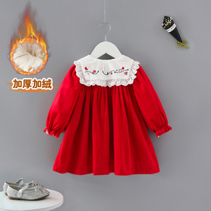 女宝宝公主裙冬季一周岁女童加绒抓周衣服礼服连衣裙婴儿红色裙子