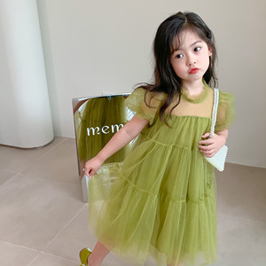 女童连衣裙夏季韩版儿童洋气超仙网纱公主裙小女孩绿色仙女蓬蓬裙